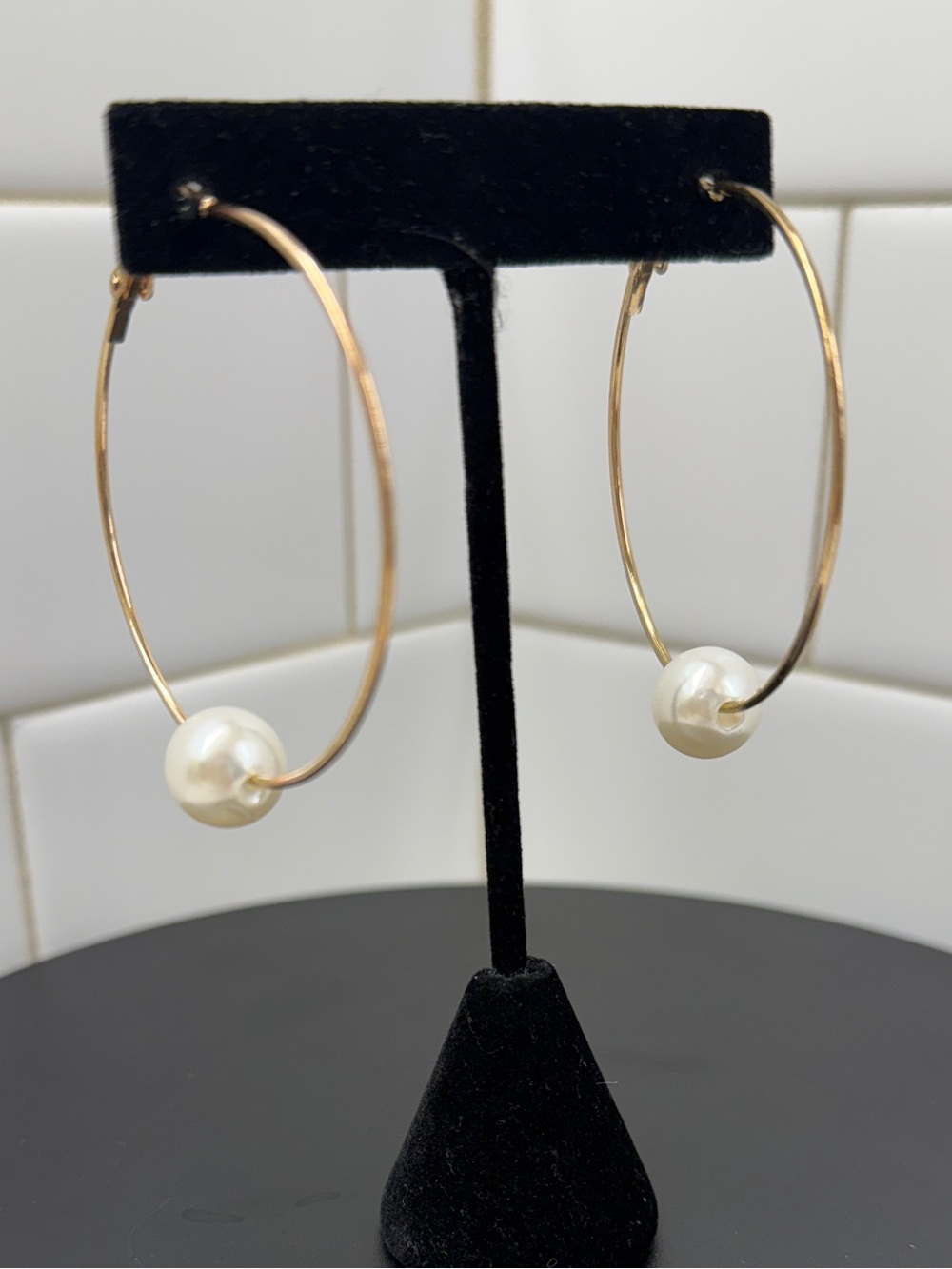 Gold Hoop Earrings with Pearl Accent - Women Jewelry